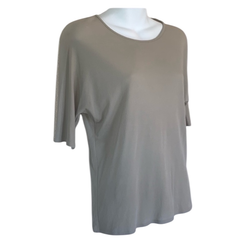 Anne Klein tee, Women's S, grey silk, round neck, short sleeves. Euc